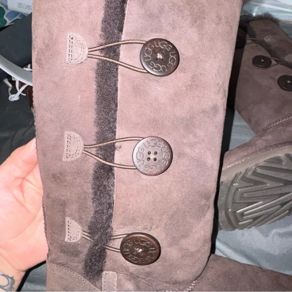 UGG Women's Brown Button Suede Shearling Boots - Picture 3 of 4